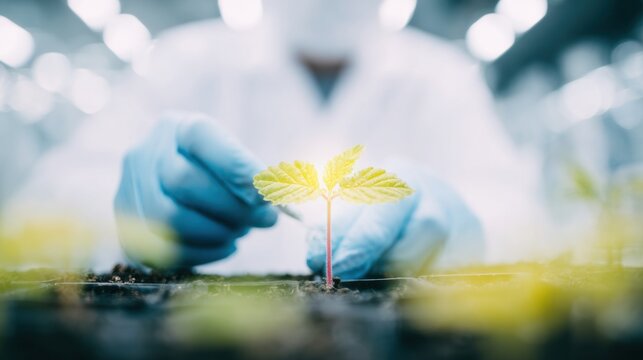 Scientist caring for young plants in a controlled research facility