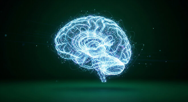 Abstract brain with glowing particles on dark green background