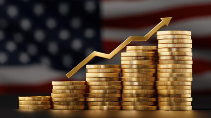Stacks of gold coins increasing in height with an upward arrow, symbolizing economic growth, with the American flag in the background