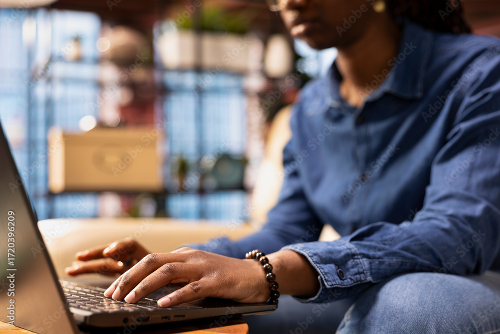 Poster freelancer at home using laptop to check emails displayed on screen, reading messages in inbox. blac