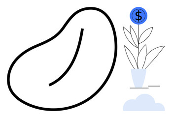 Abstract bean outline with a vibrant plant in a pot topped by a dollar coin. Ideal for finance, investment growth, sustainability, innovation, wealth inspiration, ecology, simple flat metaphor