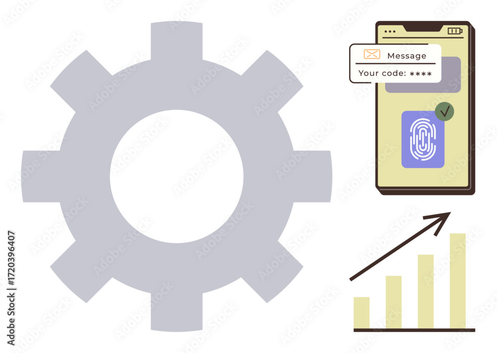 Poster gear symbol with mobile featuring fingerprint login and verification upward bar graph growth. ideal 