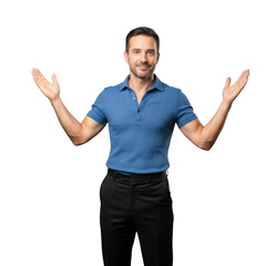 Man in blue shirt and black pants gesturing with open arms showing uncertainty or question