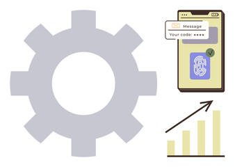 Gear symbol with mobile featuring fingerprint login and verification upward bar graph growth. Ideal for technology, cybersecurity, efficiency, innovation, productivity, analytics, teamwork. Simple