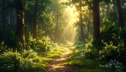 Sunlight Piercing a Lush Forest Path