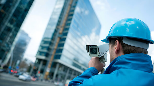 Worker in blue hard hat installing surveillance camera on urban construction site