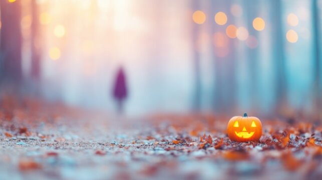 Halloween night stroll through a forest path with glowing pumpkin