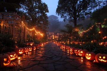 Fototapeta premium A spooky Halloween night, a pathway illuminated by carved pumpkins and string lights through a garden, creating a festive and eerie atmosphere with a haunted house vibe.