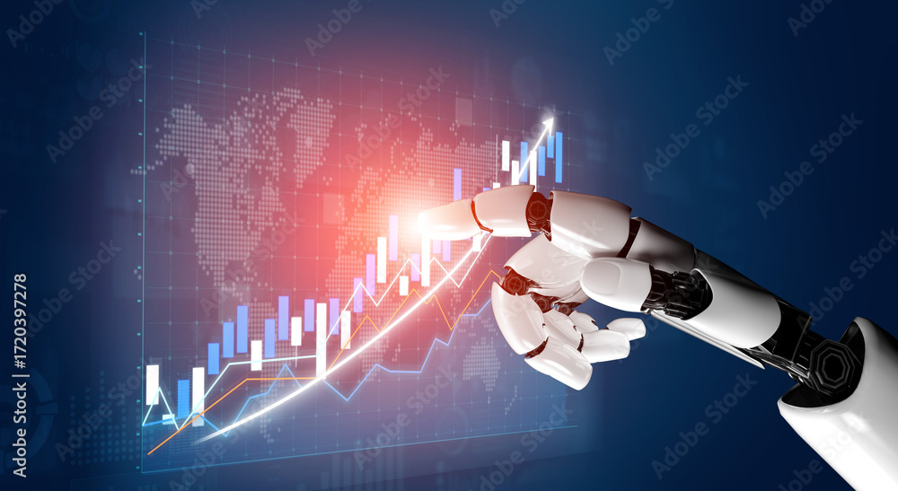 Poster a robotic hand points at a rising graph on a digital backdrop, symbolizing technological advancement