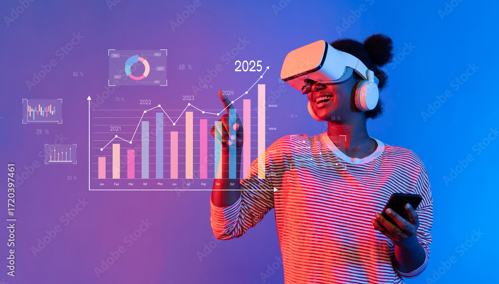 Poster a vibrant scene showcasing a business professional using virtual reality to analyze growth trends, h