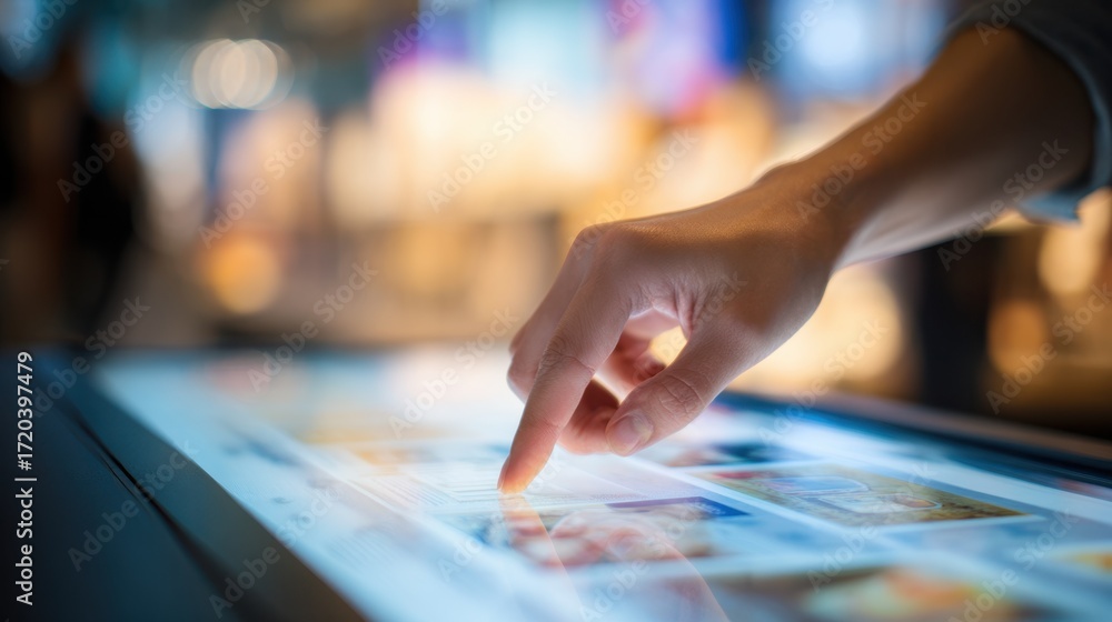 Poster medium shot of a person engaging with a sleek touchscreen product kiosk the interface sharp in focus