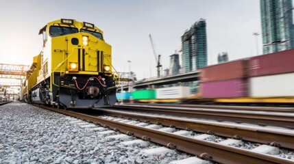 Obraz premium Freight train travels along railway tracks in modern city environment