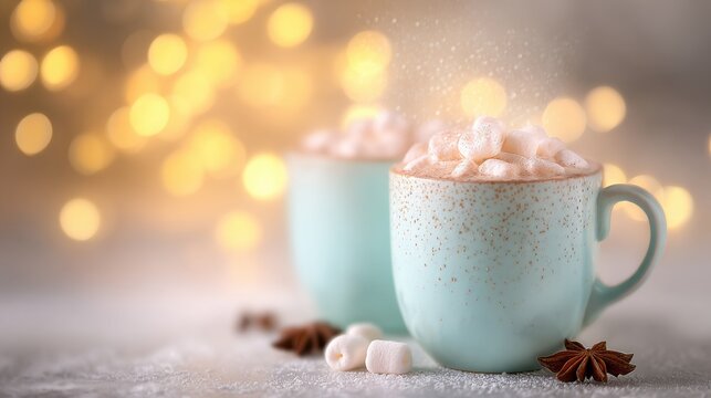 Warm cups of hot chocolate with marshmallows near soft glowing lights