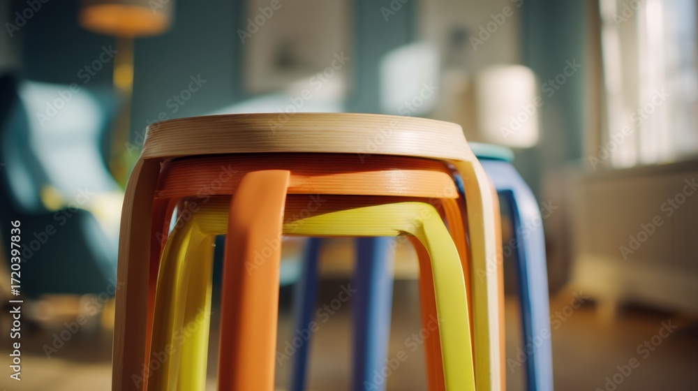 Poster closeup medium shot of a stackable stool set with vibrant colors the front stool in sharp focus whil