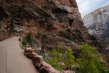 Majestic Zion Canyon Pathway with Beautiful Rock Formations and Greenery Scene