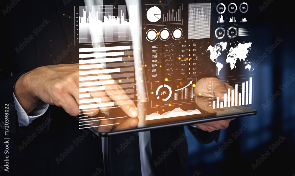 Aufkleber a business professional engages with a digital dashboard on a tablet, showcasing various data analyt