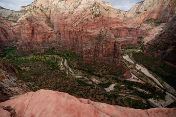 Panoramic View of Zion Canyon with Red Rock Formations and Winding River Below
