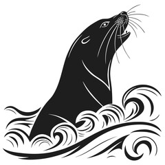 Seal popping head above surf silhouette