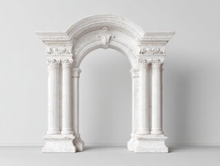 White stone arch with carved columns, clean wall. Great for decor, architecture, creative projects.