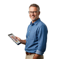 Smiling businessman with glasses holding a tablet and looking at the camera