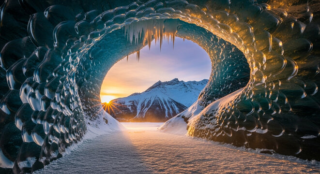 Sunrise shining through an ice cave in iceland with mountains in the background