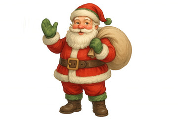 Santa claus cartoon illustration waving hand and carrying gift sack, holiday season character greeting gesture