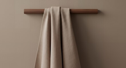 Elegant Towel: A Minimalist Cloth Hanging on a Modern Wooden Rail in Neutral Tones.