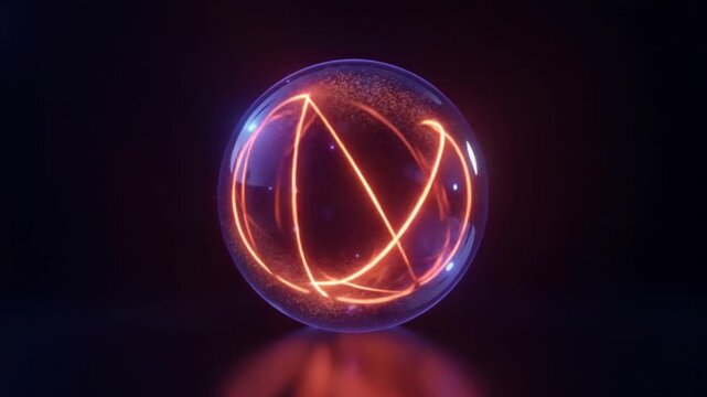 Looped background with transparent shiny sphere made of glow particle lines with orange and purple light. Dark abstract orb animation with bright atom or molecule structure. Seamless vj loop, 4K 60fps