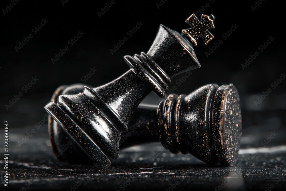 Aufkleber detailed close-up perspective of a fallen black chess king piece on a textured marbled surface illum
