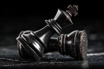 Detailed close-up perspective of a fallen black chess king piece on a textured marbled surface illuminated with soft light creating an intriguing contrast and dramatic visual story