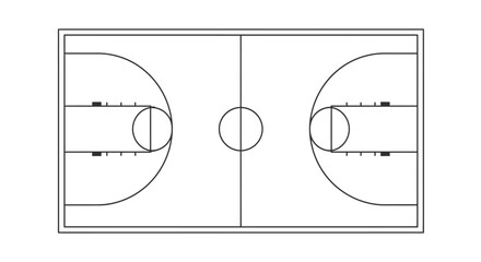 Overhead view of a standard basketball court diagram, showing lines, hoops, and center circle.