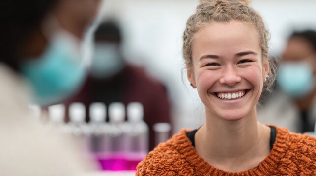 Smiling girl in cozy sweater during a science class at school