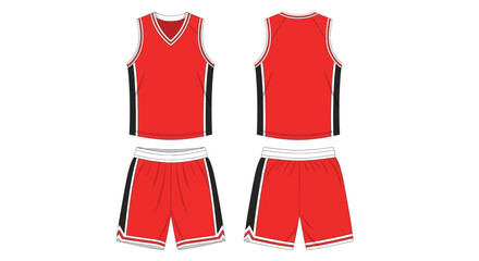 Blank basketball uniform mockup in red and black. Vector design template with jersey and shorts for team sportswear, showing front and back views
