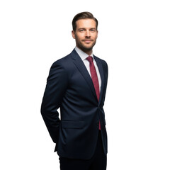 Professional man in suit and tie smiling confidently for business portrait photography