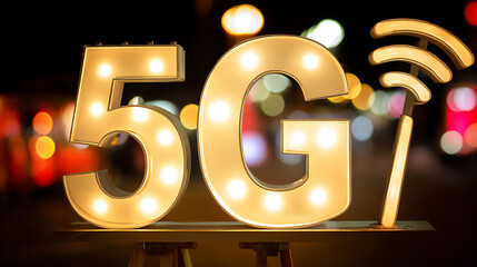 Illuminated 5G sign with glowing letters and wireless signal symbol at night