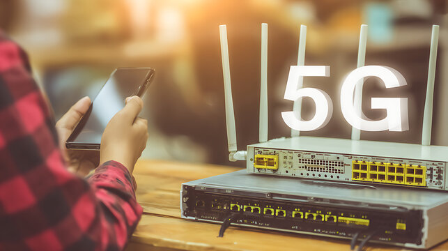 Person using smartphone near 5G router equipment with antennas and network devices on table