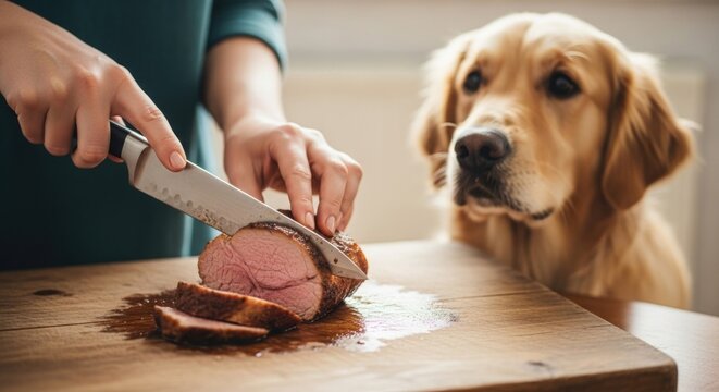 Woman hands slicing succulent roasted meat on a wooden board while a Golden Retriever dog patiently watches with hopeful eyes in a bright home kitchen.