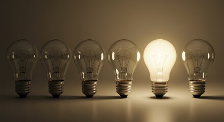 Row of light bulbs with one illuminated on a neutral background.