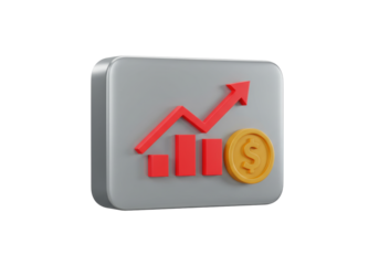 Isolated 3D stock market growth bar graph with arrow and coin in gray square, financial symbol