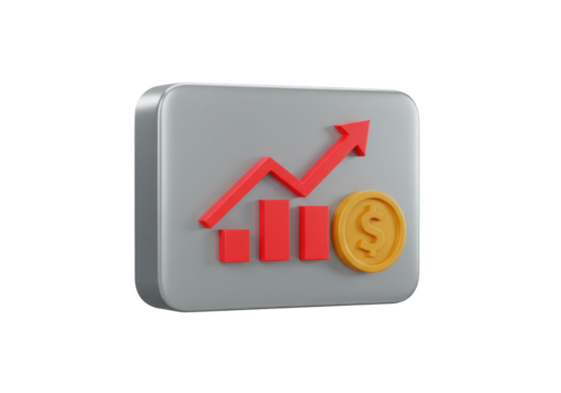 Isolated 3D stock market growth bar graph with arrow and coin in gray square, financial symbol