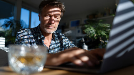 A man sits in a bright room, sunlight streaming through the window, focusing intently on his laptop while a glass of brown liquid rests nearby, indicating productivity and calmness.