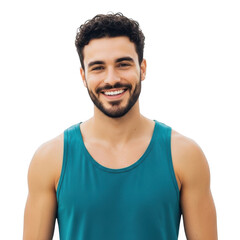 Smiling man in teal tank top portrait confident and healthy muscular man