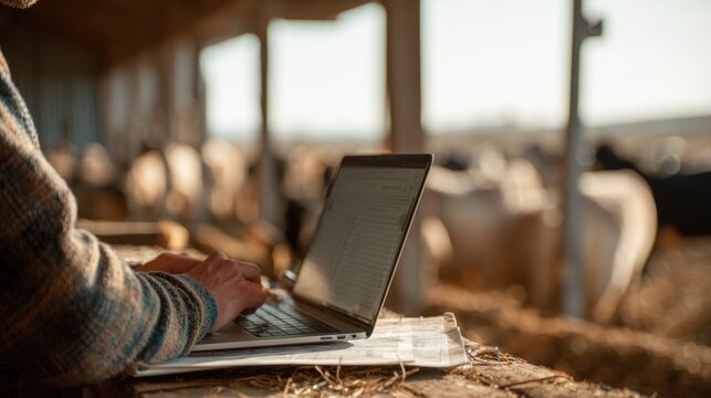 Medium shot of a person entering financial records into a laptop in a barn office with livestock in the distance softly blurred to maintain focus on accounting. - Powered by Adobe