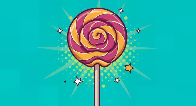 Pop Art Lollipop: A Vibrant and Colorful Swirl Candy in a Retro Cartoon Style.