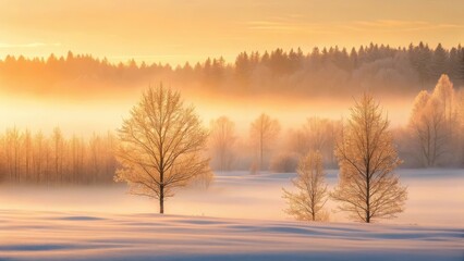 Fototapeta premium Golden sunrise illuminates a frosted winter landscape with bare trees and distant pine forest shrouded in mist