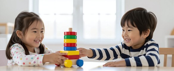 Two happy children playing with a colorful stacking toy at a table.