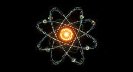 Atom model with nucleus and orbiting electrons on a dark background.