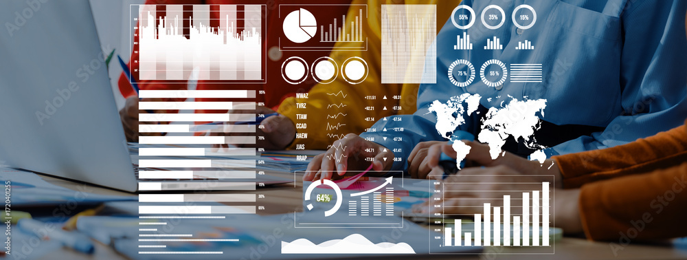 Poster a diverse business team collaborates on data analysis using digital graphs and charts, focusing on s