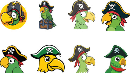 Naklejka premium Green cartoon parrots wearing pirate hats and holding treasure chests Keywords: parrot, bird