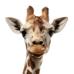 Obraz premium Close-up portrait of a giraffe's head and neck against a transparent background. background removed